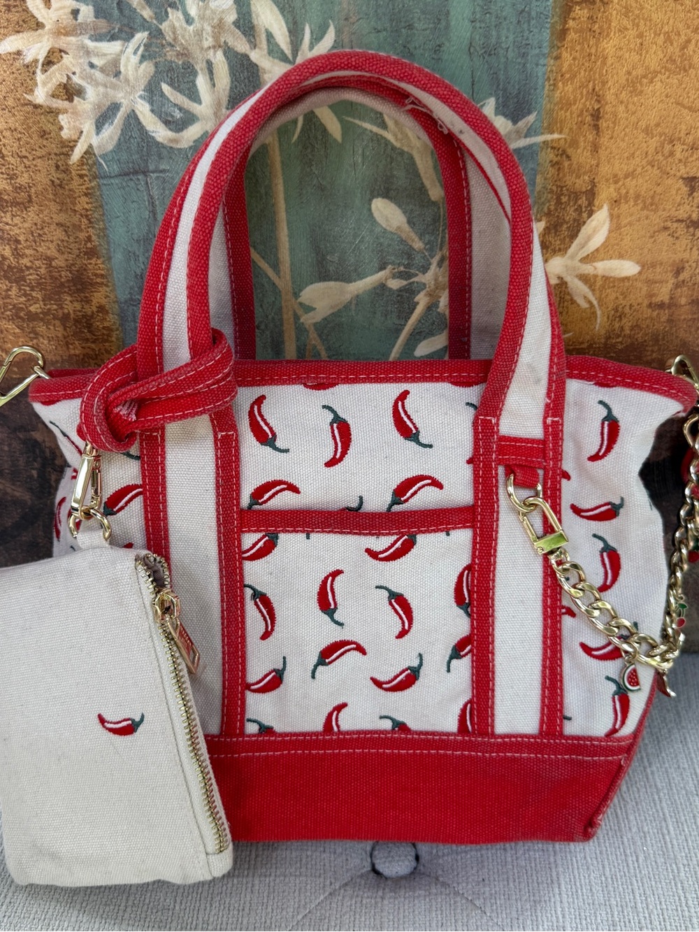 Madden Girl Red and Cream Chili Print Canvas Tote with Mini Pouch